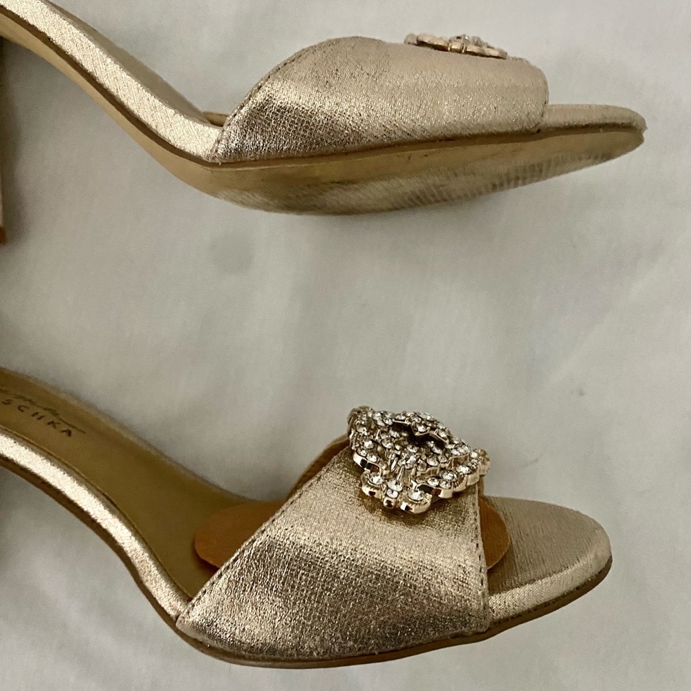 Gold Pumps gold Rose jewels chunky heels ankle strap Mischa Prom Wedding - Picture 9 of 16
